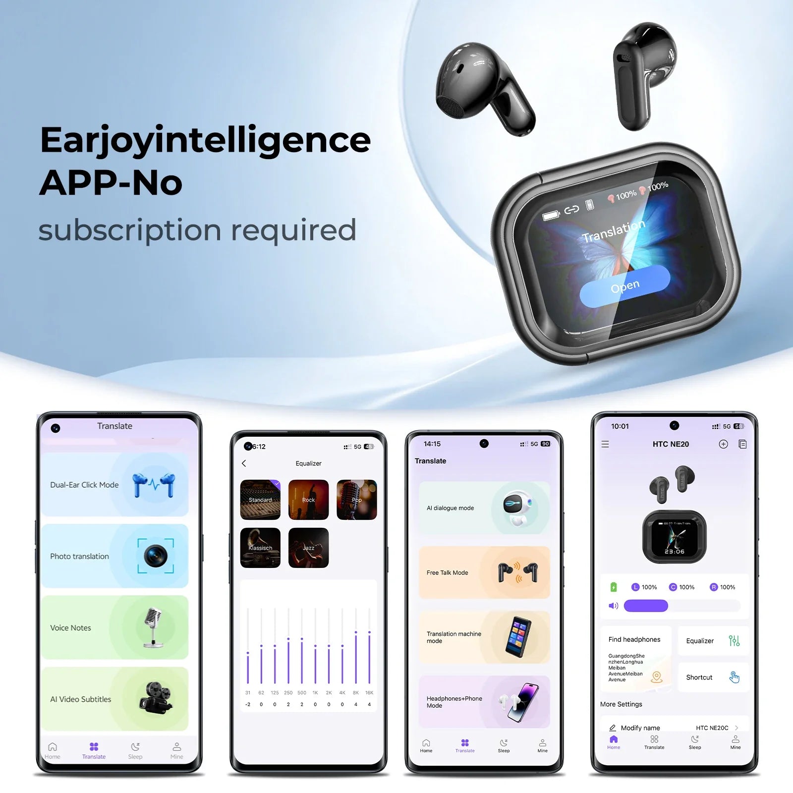 HTC NE20 Translator Earbuds with Touchscreen Case, 6-in-1 Translation & ANC